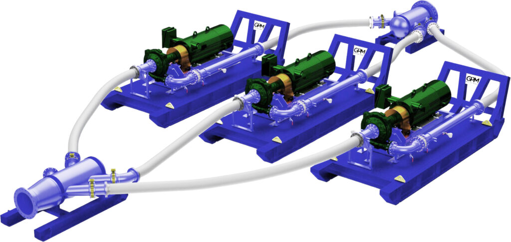 A colored render image of a pump skid manufactured by GPM on a white background.