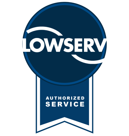 A blue GPM Flowserve Authorized Service badge on a transparent background.