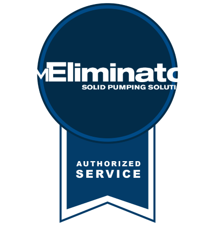 A blue badge of Authorized Service with GPM Eliminator Solid Pumping solution on a transparent background.