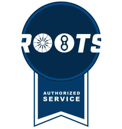 A Blue GPM Roots Authorized Service badge on a transparent background.
