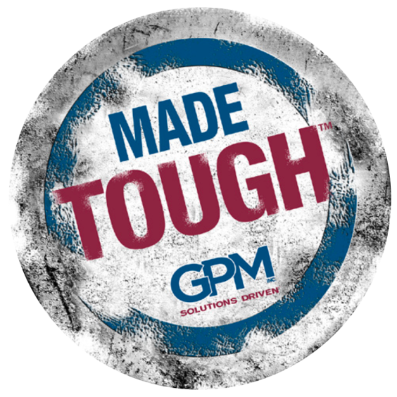 A bullseye distressed blue and white GPM logo that says "made tough."
